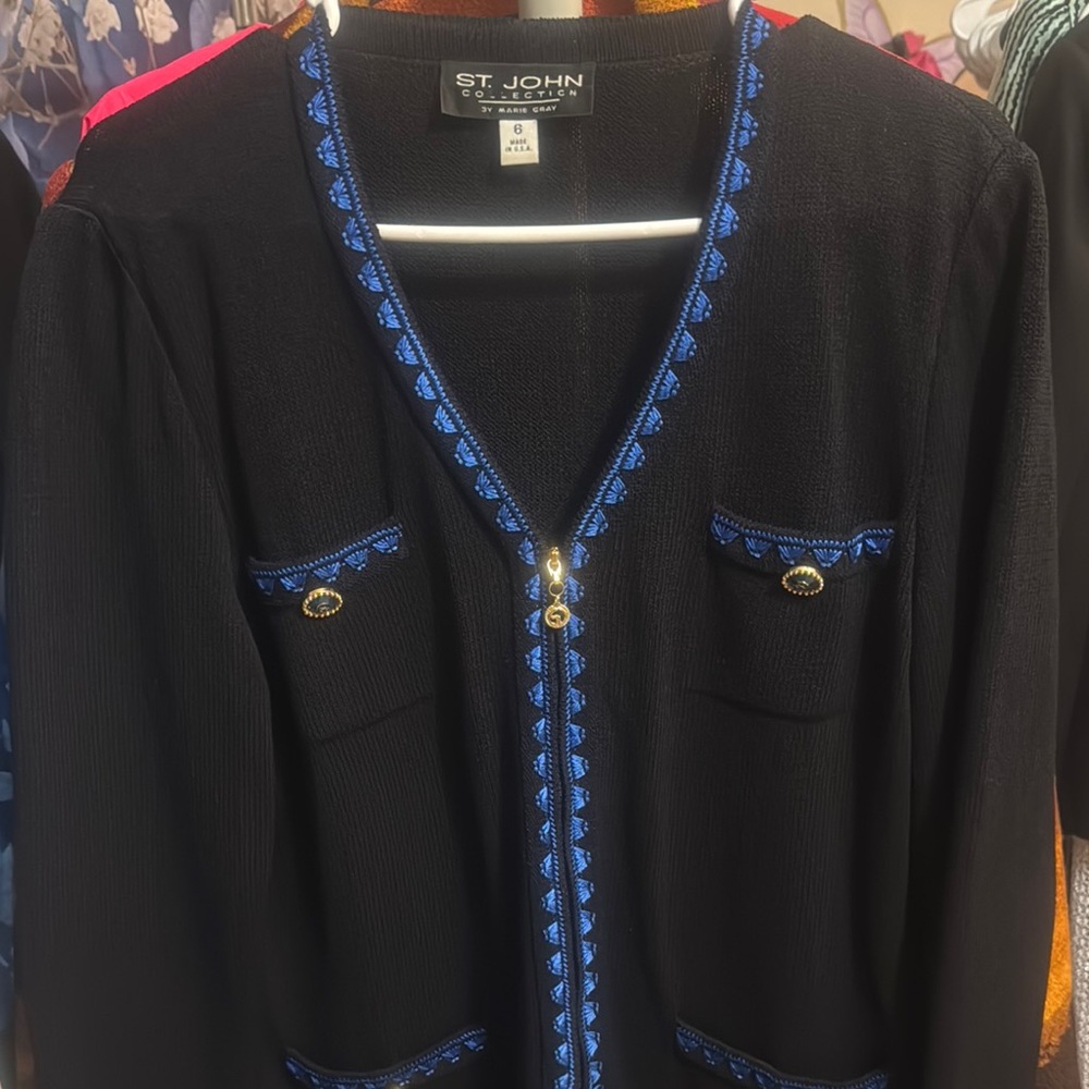 St. John Black Cardigan with Blue Trim
